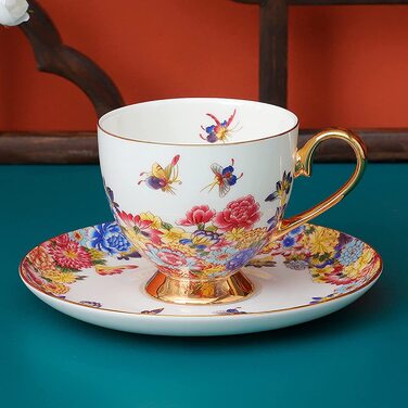 Набір різнокольорових кавових чашок і блюдців fanquare з ложкою, порцеляновий візерунок у вигляді квіткового метелика, чайна чашка з тонкого кістяного порцеляни, (білий)