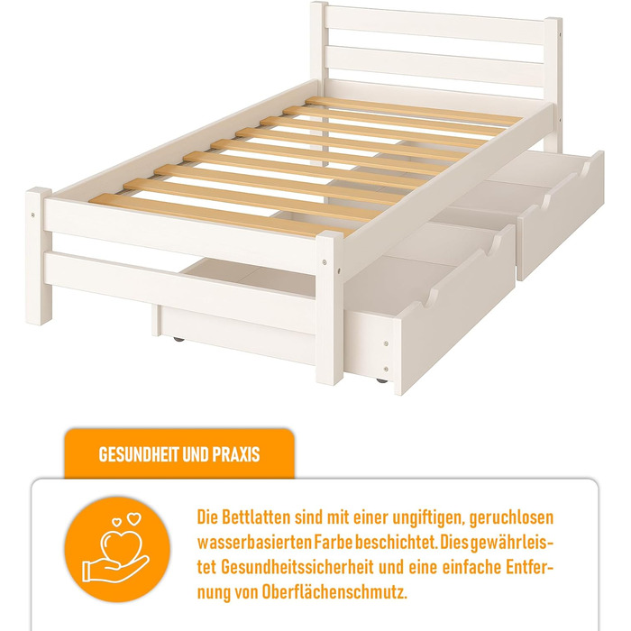 Ліжко дитяче Вробель Kinderbett 90x200 см з 2 шухлядами та ламелями - односпальне ліжко з масиву сосни - ліжко Монтессорі для дітей та підлітків, біле - без матрацу 90 x 200 см