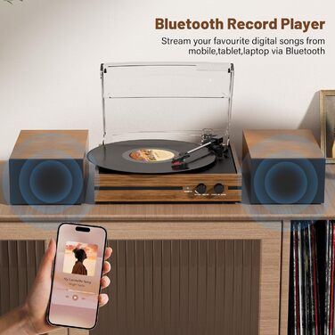 Вініловий програвач Bluetooth з стереодинаміками та USB, RCA-вихід, дерев'яний корпус, грамофон для домашніх розваг (колір кави)