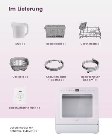 Посудомийна машина HAVA для столу з пом'якшувачем води та підвищеною енергоефективністю, 8 програм миття, блокування від дітей та відкладений старт, не потребує встановлення - ніжний лавандовий колір, TDJR09