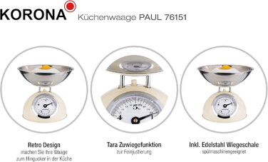 Кухонні ваги Korona 76151 Ретро Paul, вантажопідйомність 5 кг, градуювання 20 г, лоток для зважування з нержавіючої сталі, функція тари