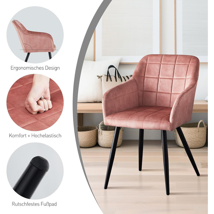 CLIPOP Комплект стільців для їдальні з підлокітниками, м'яке крісло, оббивка з штучної шкіри, для кухні, вітальні (6 шт., оксамит персиково-рожевий)