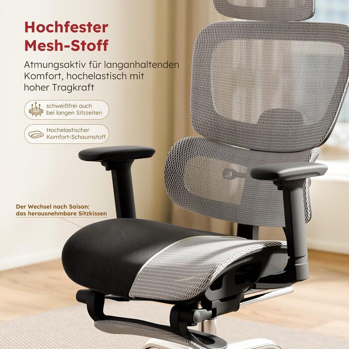 Ергономічне офісне крісло Voll-Mesh з підголівником, підставкою для ніг, регульованою спинкою, підлокітниками, саморегульованою поперековою підтримкою, PU-колесами, поворотним на 360°, навантаження до 150 кг, (Світло-сірий)