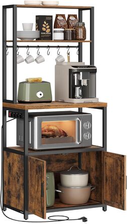 Поличка кухонна VASAGLE з розетками, шафка, стільниця 90 см, напольна полиця з 8 гачками, 40 x 60 x 170 см, вінтажний коричневий + чорний, KKS058K02