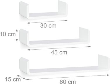 Набір полиць Relaxdays з 3 шт. , настінна підвісна полиця, дерев'яна настінна полиця, підвісна стійка для спецій, настінна полиця, U-подібна форма, МДФ, білий