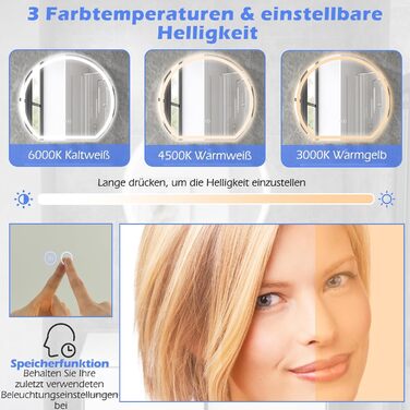 Дзеркало для ванної кімнати RELAX4LIFE з підсвічуванням, настінне напівкругле, 60 x 54 см, LED, сенсорне керування, функція пам'яті, антизапар, 3 кольори світла, регулювання яскравості