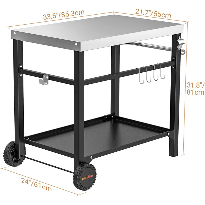 Onlyfire Grillwagen: Сталевий гриль-вузький столик з великою робочою поверхнею, Outdoor гриль-тролей, сервісний столик для саду та вулиці, 85,3×61×81см
