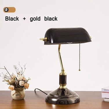 Ретро настільна лампа, традиційна банкірська лампа з вимикачем, вінтажна настільна лампа антикварна бібліотечна лампа, абажур з чорного скла, приліжкова лампа для спальні (чорний і золотий)
