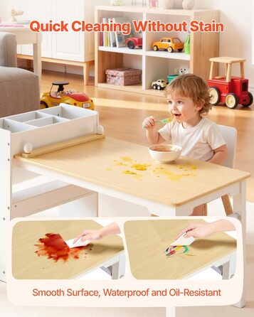 Дитячий стіл VEVOR з 2 стільцями та шафкою 3 ящики, набір для малювання, читання, письма, ігор, дитяча кімната, дитячий садок, білий + натуральне дерево, сучасний дизайн