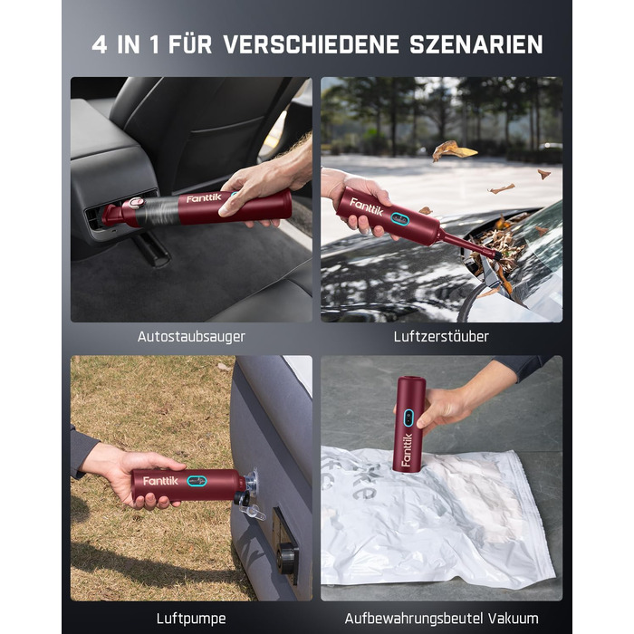 Акумуляторний автомобільний пилосос Fanttik Slim V8 APEX, портативний ручний міні-пилосос RobustClean™ 4-в-1, потужність всмоктування 19000 Па/45 AW, 2 режими роботи, для авто, офісу та клавіатур (Червоний)