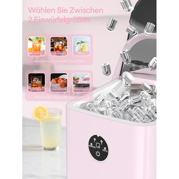 Льодогенератор Fohere 14 кг/24 год, рожевий: швидке виробництво льоду (5 хв), 2 розміри кулеподібного льоду, самоочищення, з ручкою та лопаткою для льоду