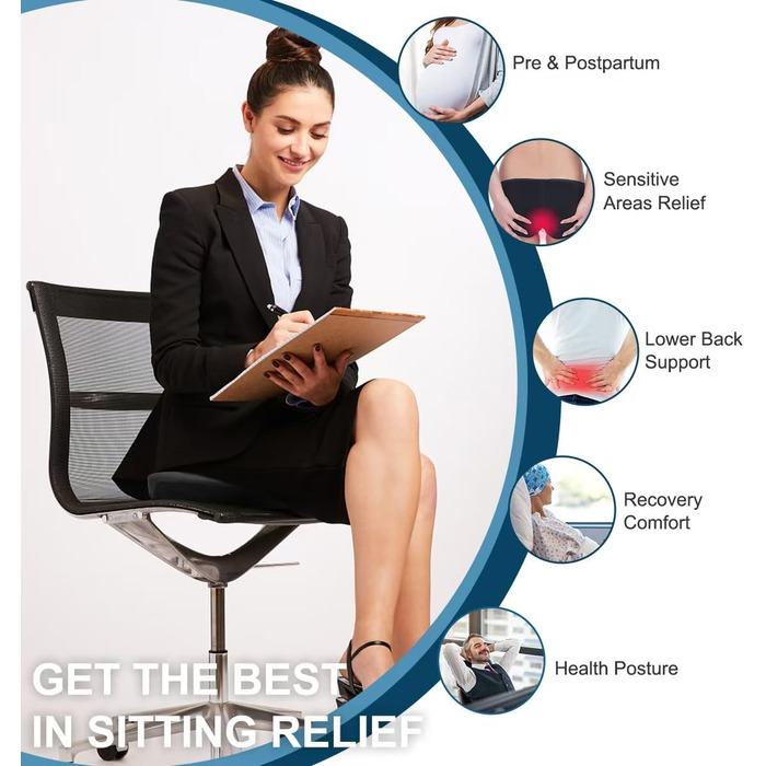 Ергономічна подушка-кільце Donut для офісних стільців та дому, протипролежневий пом'якшувач тиску при тривалому сидінні, 45 см, чорна