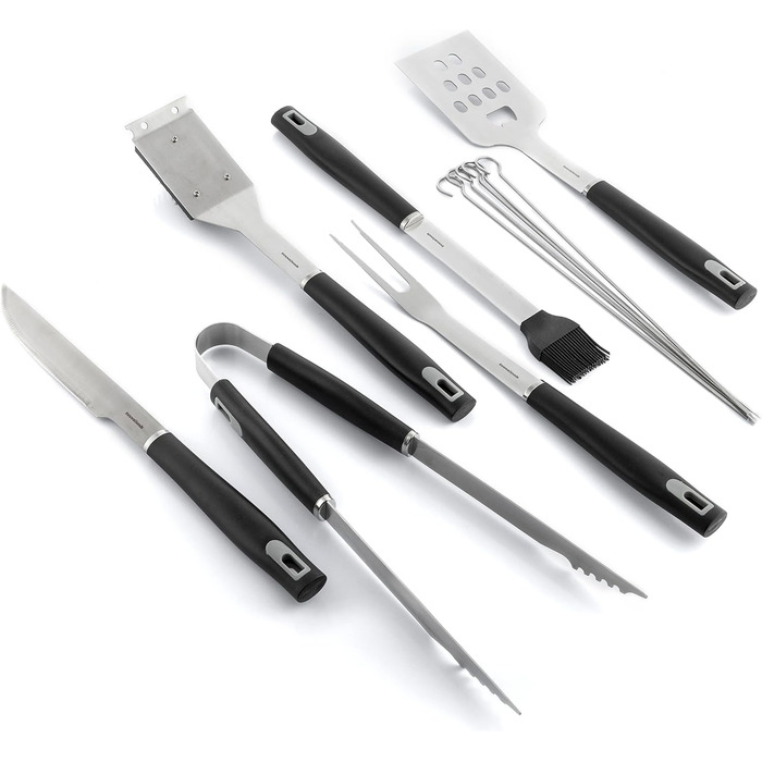 Набір гриля InnovaGoods 12 предметів: інструменти з нержавіючої сталі, термостійкі ручки, кейс, миється в посудомийній машині, чорний, сталь, нержавіюча сталь
