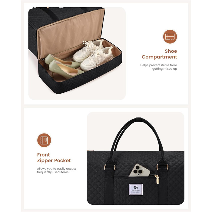 LOVEVOOK Складаний дорожній саквояж для жінок, 2-в-1, з сумкою для взуття, водонепроникний, для ручної поклажі, 53L, чорний