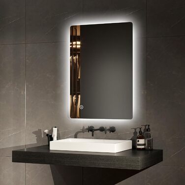 Дзеркало для ванної кімнати EMKE з підсвічуванням 50x70 см, регульована яскравість, LED, сенсорне керування, функція пам'яті, холодний колір, IP44, енергозберігаюче