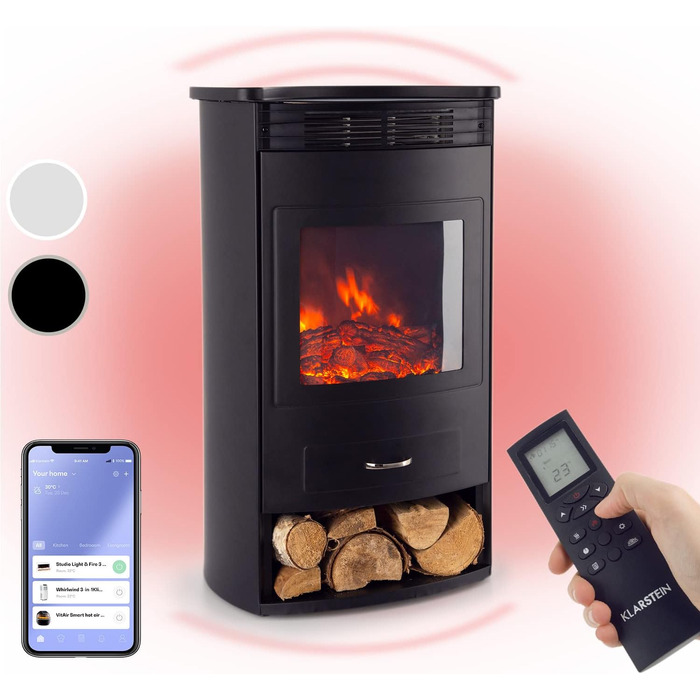 Електрокамін Klarstein Bormio Smart, 1900 Вт, з LED-полум'ям, термостатом, таймером і дистанційним керуванням, чорний – електрообігрівач для вітальні