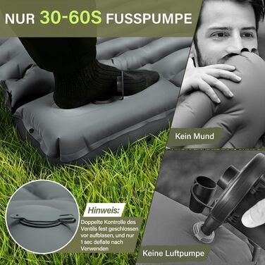 Надувний кемпінговий килимок Yuzonc Isomatte з вбудованим насосом та подушкою, компактний легкий матрац для походу та пляжу (Сірий)