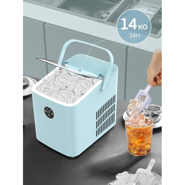 Льодогенератор FOHERE 14 кг/24 год, швидке виробництво льоду (5 хв), 2 розміри кулеподібного льоду, самоочищення, з ручкою, лопаткою та кошиком, для дому, офісу, вечірок (BabyBlue)