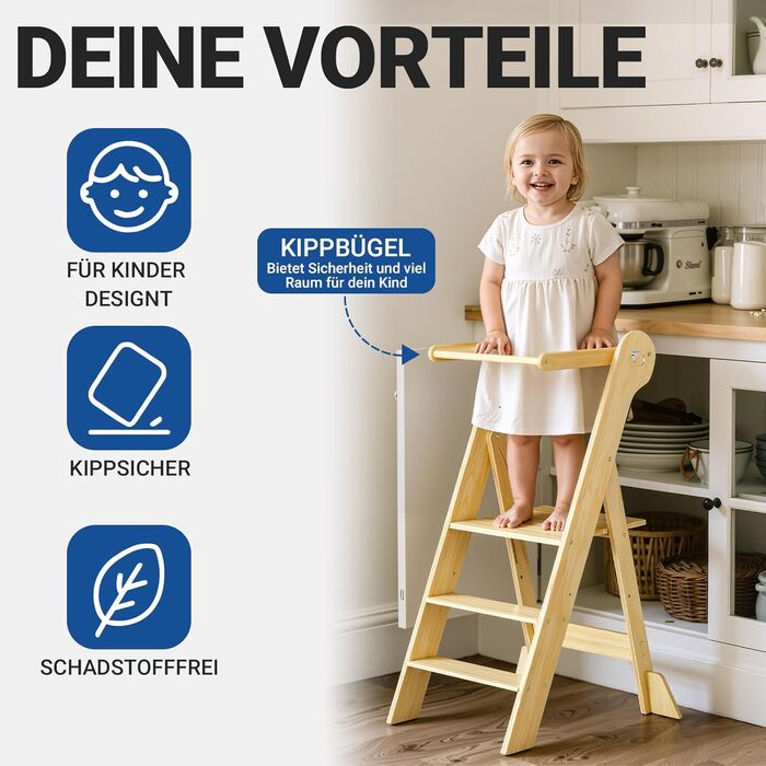 COSYAND Монтессорі стільчик-сходинка для дітей від 1 року, регульована висота | Сходинка Монтессорі | Кухольчик для дітей | Колір: Темно-сірий-натуральний