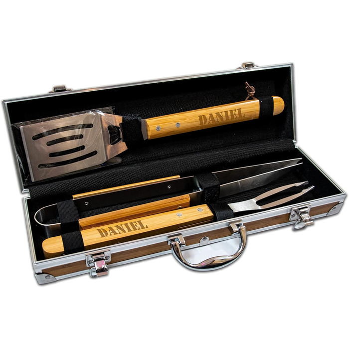 Набір для гриля BBQ з іменем - персональна гравіювання - 3 частини - з валізою для зберігання