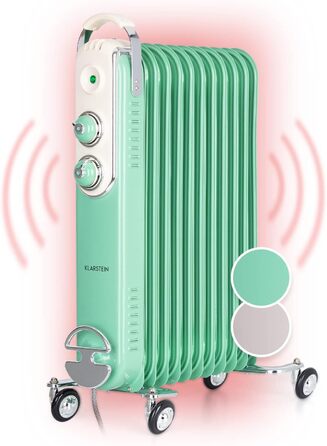 Електричний обігрівач Klarstein, масляний радіатор для швидкого нагрівання, електричне опалення з ретро-дизайном, окремо стоячий радіатор з термостатом, тихий масляний радіатор енергозберігаючий, електричні обігрівачі 2 кВт (1000/1500/2500 Вт зелений)