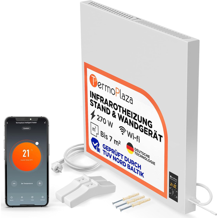Інфранічна тепла піч TermoPlaza WiFi з термостатом 270 Вт для приміщень до 7 м² | Розумна інфрачервона піч для стін та підлоги | Енергоефективна електрична піч-конвектор для дому та ванної кімнати 270 Вт з Wi-Fi