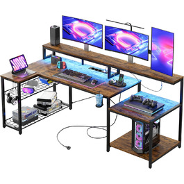 Ігровий стіл Bestier 181x80 см з LED-підсвіткою, L-подібний, 3 розетки AC, 2 USB, для комп'ютера, з великою платформою для монітора, карбон (коричневий)