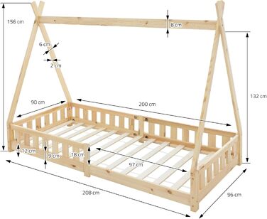Дитяче ліжко-халапа Tipi ML-Design біле з бортиками та ламелями, з сосни, індіанське ліжко для дівчаток та хлопчиків, ліжко-будиночок з огорожею, ліжко-ігровий будиночок для дітей (90x200 см з матрацом (H: 16 см), натуральне дерево)