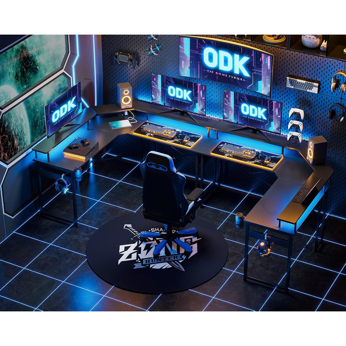 Ігровий стіл ODK 129x129 см з LED підсвічуванням, 2 розетки та USB зарядкою, стіл для ПК, комп'ютерний стіл, колір: чорний вуглеволокно