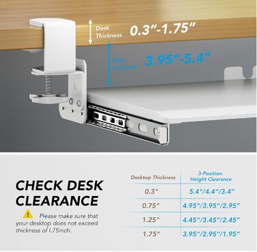 Висувна підставка для клавіатури під стіл з К-подібною фіксацією, великого формату, стійка, висувна платформа 838 мм x 280 мм, білий колір