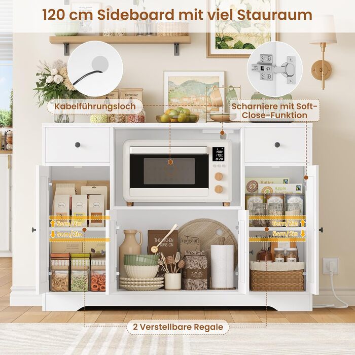 Білий комод для кухні HOCSOK 120 см з полицями, мікрохвильовою печиркою та розеткою. Комод для кухні, вітальні, їдальні (120x85x40 см)