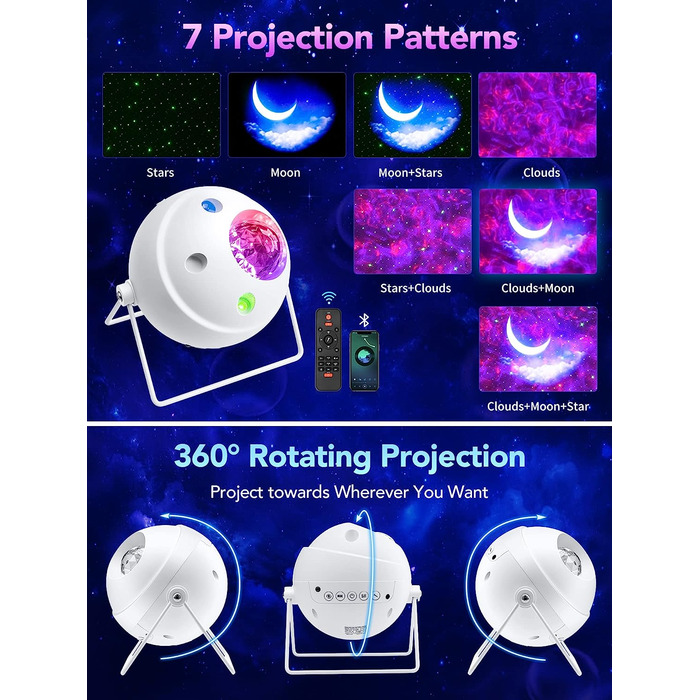 Один вогняний світлодіодний проектор зоряного неба, 48 світлових ефектів, місячна лампа з Bluetooth, нічне освітлення
