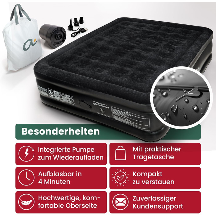 Надувне ліжко для 2 осіб - самонадувна повітряна матрац | Преміум гостьове ліжко без кабелю живлення - інтегрована USB-C помпа - надувне ліжко. Виберіть розмір зараз! Чорний двоспальний