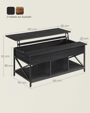 Журнальний столик VASAGLE, регульований по висоті стіл для вітальні, журнальний столик, відкрите і приховане місце для зберігання, X-подібні стійки, вінтажний коричнево-чорний LCT205B01 (60 x 120 x (48-62) см, антрацитово-сірий чорний)