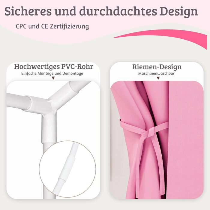 Дитяче намет-ігровий будиночок EROMMY 2-в-1 з килимком, прапорцями та світлодіодними смугами, з двома дверцятами, з даховим віконцем, для дому, 3+ роки (Рожевий)