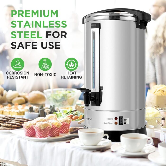 NutriChef Електричний автоклав та дозатор гарячої води 13л - нержавіюча сталь з захисним кришкою та краном без протікання | Функція підігріву для глінтвейну, чаю, кави | Для комерційного та приватного використання | 1100W компактний пристрій (19 літрів)