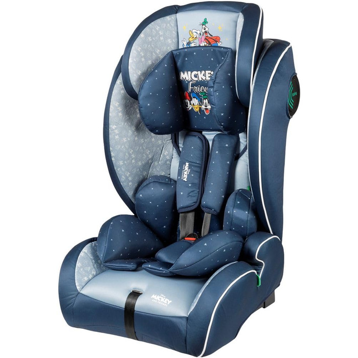 Автокрісло Disney Mickey Mouse з кріпленням ISOFIX для безпеки дитини зростом від 76 до 150 см з Міккі Маусом, Мінні Маус, Дональдом Даком, Плутоном і Гуфі на синьому тлі