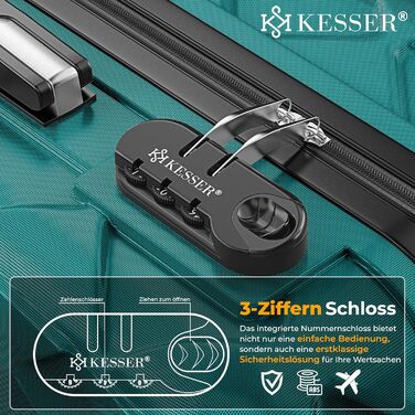 Набір валіз KESSER з 4 предметів, жорсткий корпус ABS, кодовий замок, ваги для багажу та дорожня сумка, колеса 360°, колір Petrol