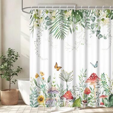 Штора для душу 180x220 см, Антигрибкова, з тропічним дизайном (пальмові листя, евкаліпт, гриби), водонепроникна, поліестер, для ванної кімнати, з 12 гачками, зелена