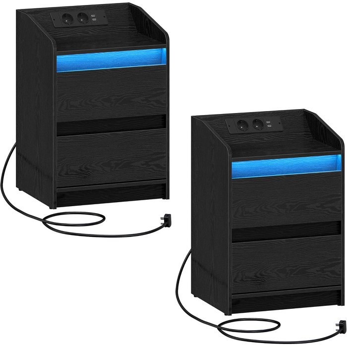 Комплект приліжкових тумб Hzuaneri з LED-підсвіткою, USB-зарядкою та розетками, 2 шухляди, чорний, для спальні та вітальні