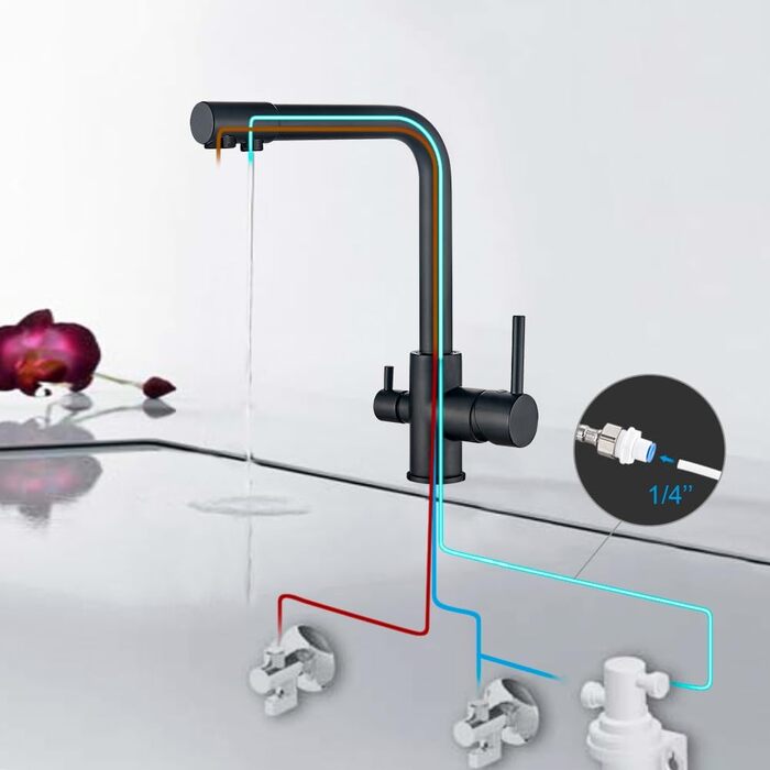 Змішувач для кухні GRIFEMA 3-ходовий змішувач з фільтром-змішувачем Кухня обертається на 360, з 3 шлангами (50 см) і подвійним краном для гарячої/холодної/очищеної води, латуньЕксклюзивно для Domopolis (чорний, важіль)