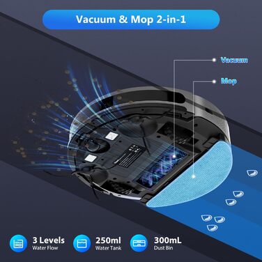 Робот-пилосос Tikom L9000 з функцією миття підлоги, LiDAR, 4000 Па, 150 хв, самозарядка, Wi-Fi, заборонені зони, сірий