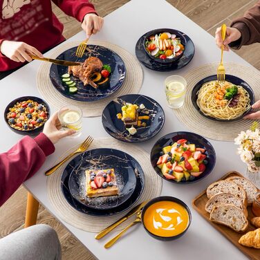 LOVECASA Tafelservice Daphne: 24-частинний набір посуду з золотим декором (Marineblau)