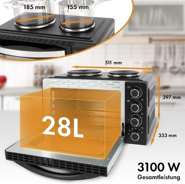 Міні-піч Clatronic® з конфорками та поворотним шампуром | одночасне приготування та випікання | міні-піч 28л конвекція, верхнє/нижнє нагрівання 100°-230°C | електрична міні-піч 3100 Вт з аксесуарами | KK 3786