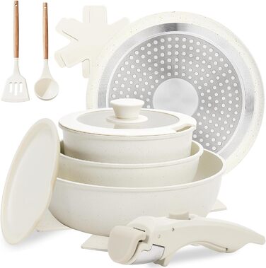 Набір посуду Numola 10 предметів: каструлі та сковорідки з антипригарним покриттям, знімні ручки, керамічний набір посуду, для індукційних плит, для дому та подорожей, безпечний для миття в посудомийній машині