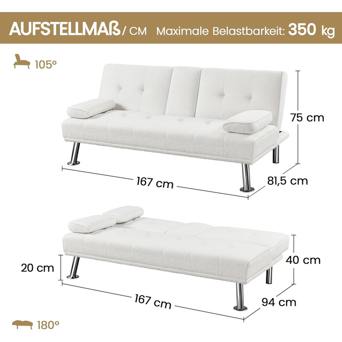 Диван-ліжко Yaheetech на 3 особи з функцією сну, диван-кровать, софа-ліжко, білий, до 350 кг