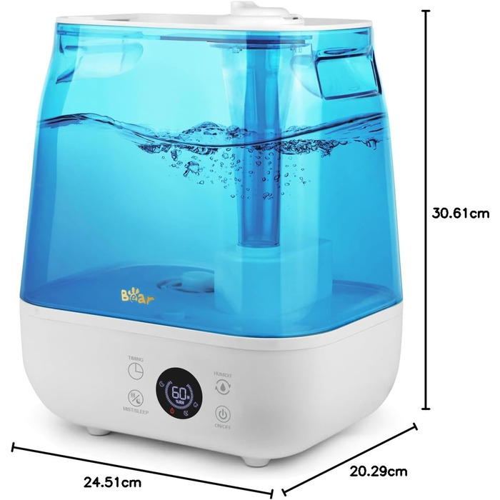 Ультразвуковий зволожувач повітря Bear 6L з верхнім наповненням, таймером, нічним режимом та аромадифузором, подвійна форсунка 360°, низький рівень шуму 28дБ, для дітей та рослин