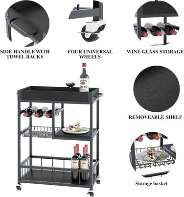 Сервізний візок Huhote з полицею для вина, барний візок, візок для напоїв, візок на колесах, візок для вина в їдальню, кухню, вітальню, бар, вечірку, з імітацією дерева (чорний, металевий кошик)