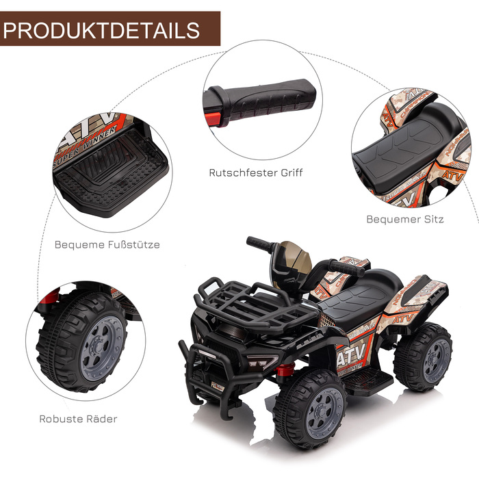 HOMCOM Mini Electric Quad Kids Electric ATV Світлодіодне переднє світло Дитячий автомобіль для 18-36 місяців Дитячий металевий ПП пластик чорний 70x42x45см