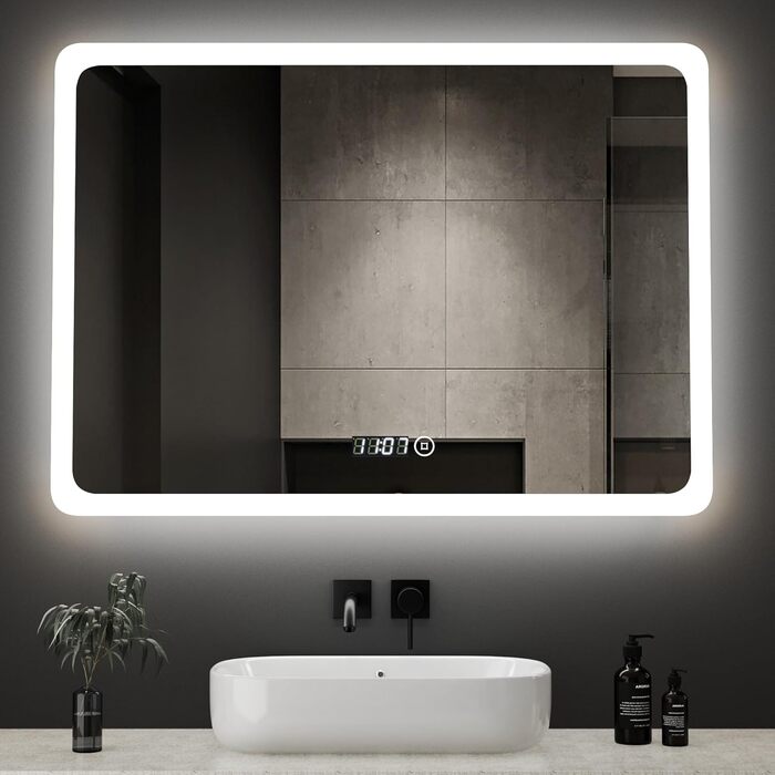 Дзеркало для ванної кімнати з підсвічуванням та годинником Boromal, 80x60 см, диммування, 3 кольори світла (3000-6500K), 2940LM